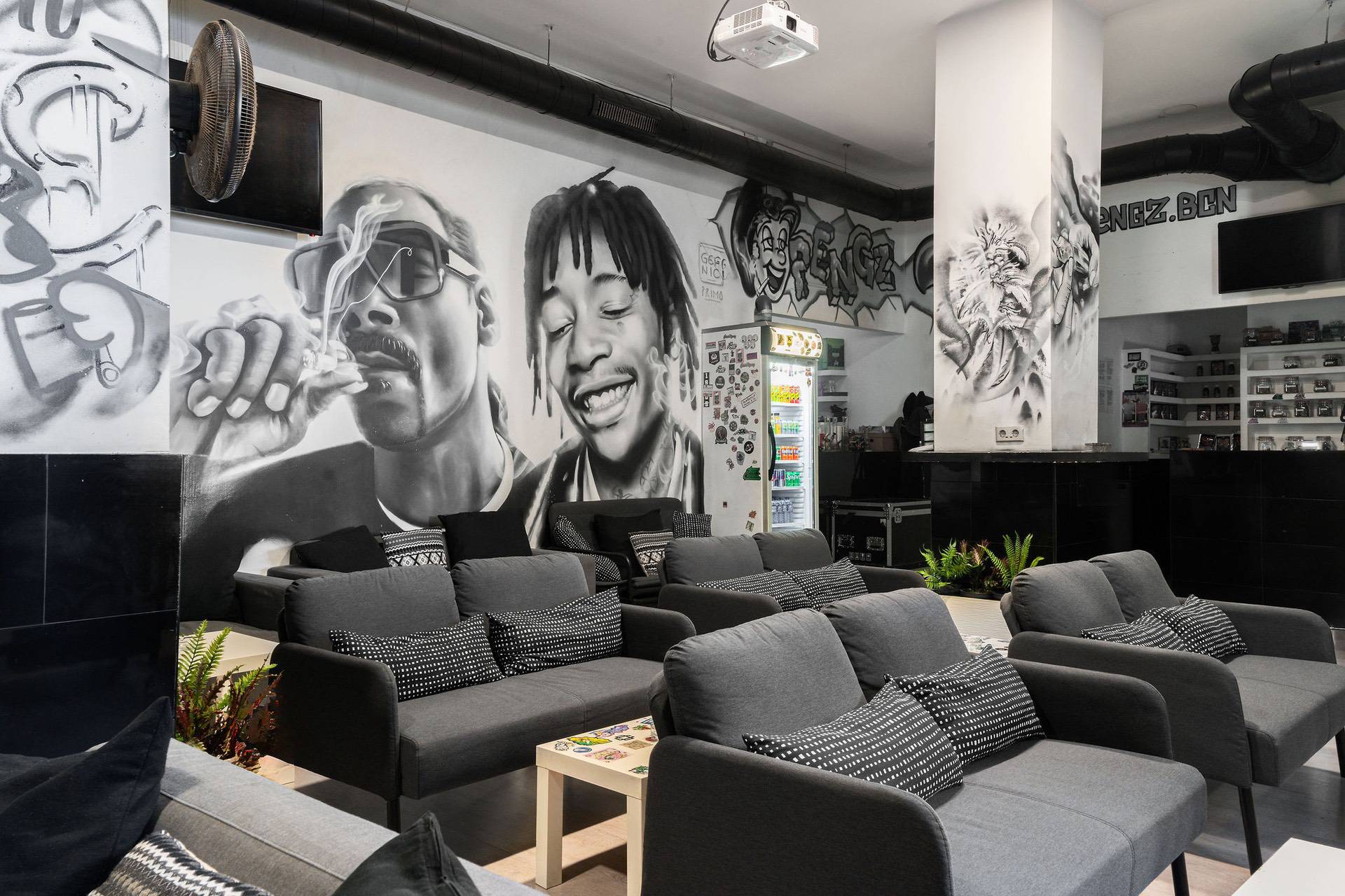 Graffiti-decorated lounge at the cannabis association Pengz in Barcelona