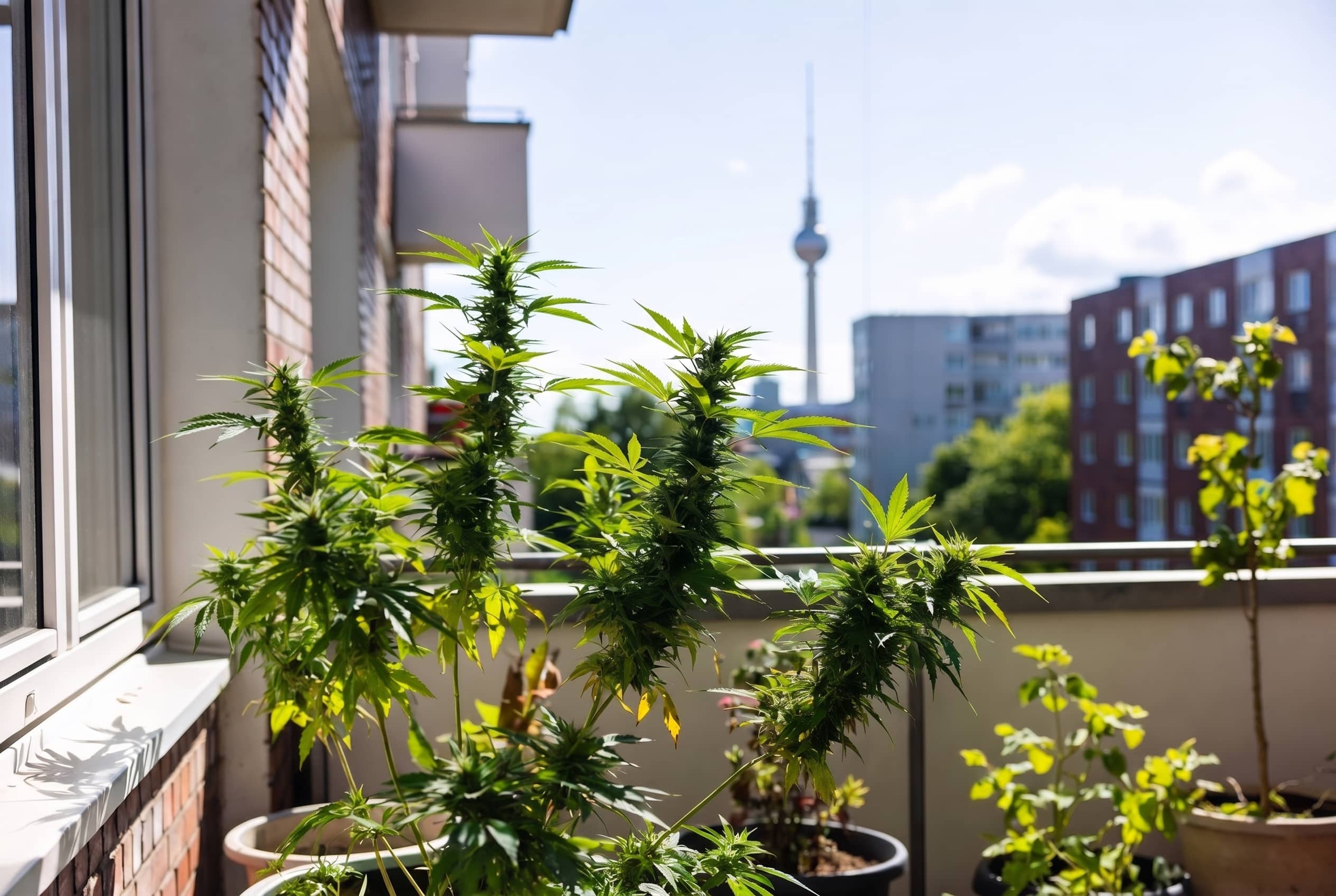 Cannabis plants on a balcony in Berlin with the TV Tower in the background