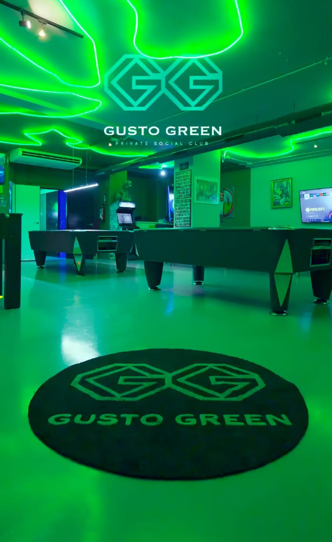 Intro image with Gusto Green logo and neon-lit social club interior for Barcelona video preview