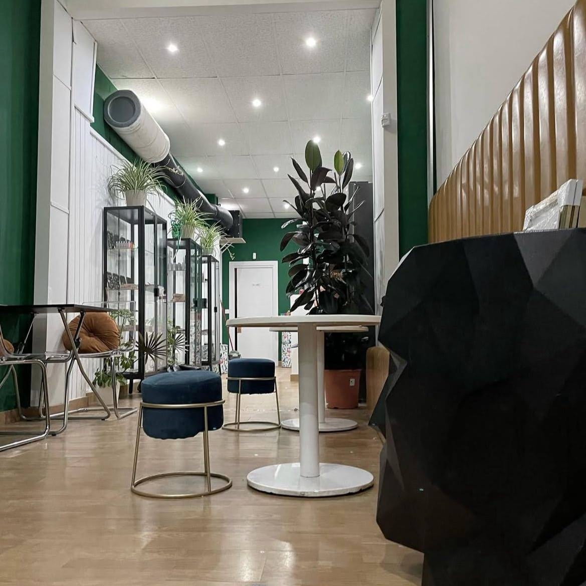 Modern lounge with green accents and designer furniture in the Ludico cannabis club Madrid