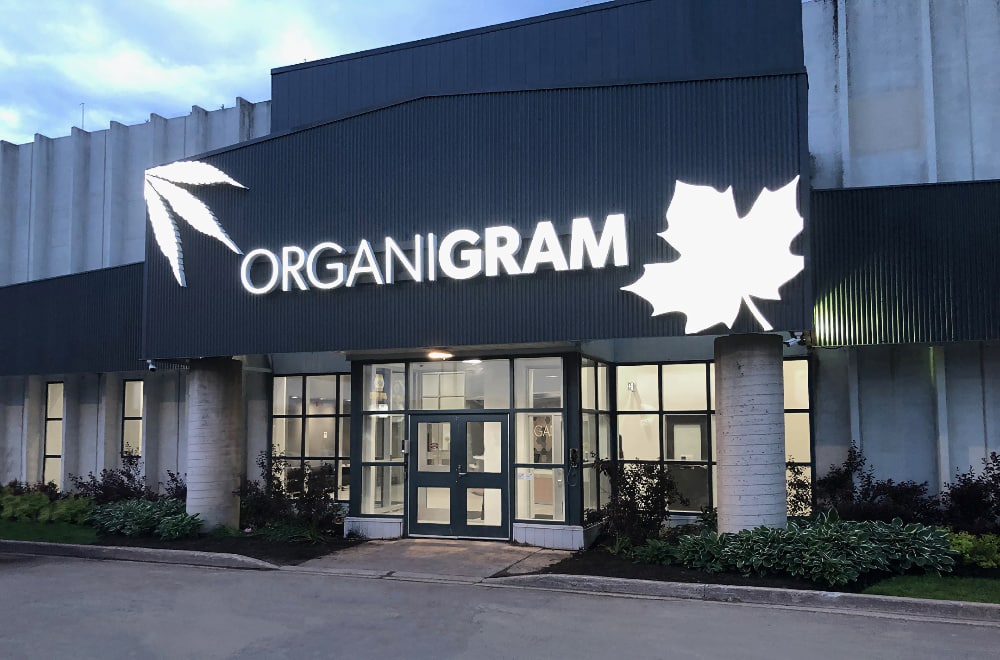 A wide view of the modern Organigram headquarters building at dusk, featuring a bright, glowing sign that integrates both a maple leaf and a cannabis leaf symbol