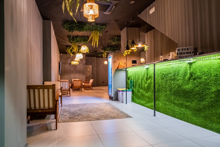 Dispensary area of the cannabis club Shambala in Valencia with a green-textured counter